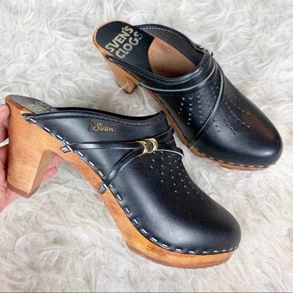 Sven Shoes - VINTAGE SVEN'S CLOGS Black Leather Slip On Heeled Mule Clog Strap Detail US 7.5